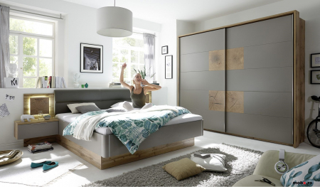 CAPRI, Pat 180 cu 2 noptiere, iluminare led, capatai tapitat, culoare gri bazalt si stejar salbatic, (Lxadxh) ca. 305x205x(47-96) cm. [6]