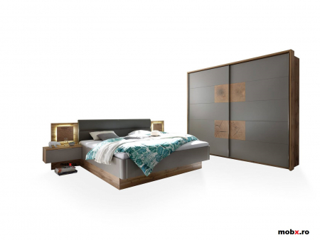 CAPRI, Pat 180 cu 2 noptiere, iluminare led, capatai tapitat, culoare gri bazalt si stejar salbatic, (Lxadxh) ca. 305x205x(47-96) cm. [5]