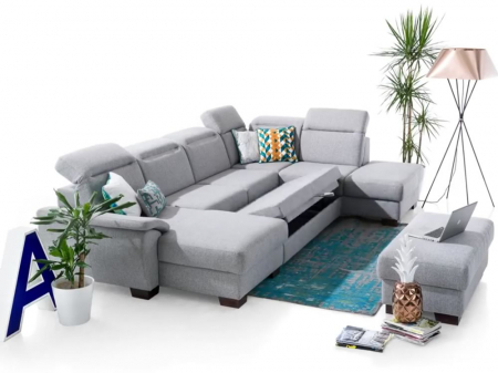 DAX, Coltar U pentru living, extensibil functie somn si relaxare, dreapta, stofa gri, 365x233x175cm. [2]
