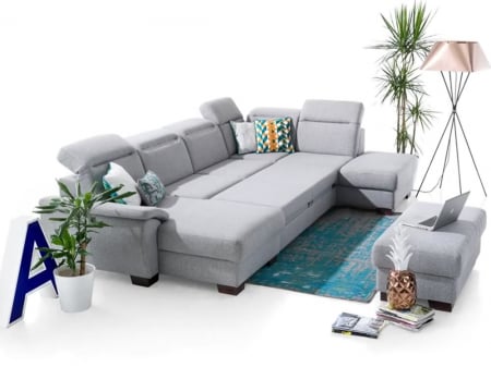 DAX, Coltar U pentru living, extensibil functie somn si relaxare, dreapta, stofa gri, 365x233x175cm. [3]