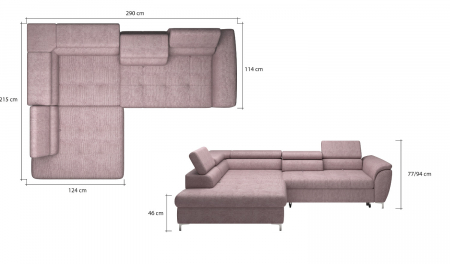 Coltar extensibil TEMPO 2FL-E-OTKR, dreapta, stofa gri, 290x215x77(94), ext.220x138cm. [4]