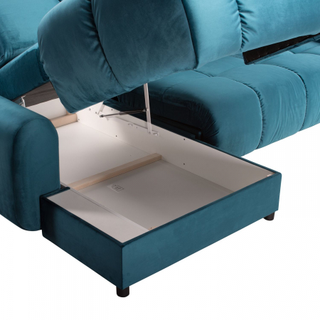 Coltar Living BULLET, extensibil cu functie relaxare si depozitare, stanga, stofa turquise Velvet 659, 294x194x(80-102), ext.240x137cm [12]