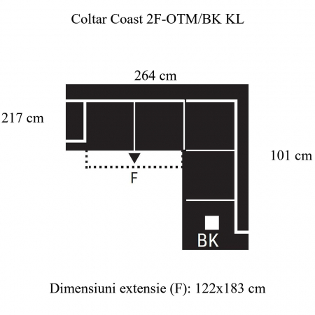 Coltar Living extensibil cu functie somn COAST 2F-OTM/BK KL, dreapta, stofa gri F001+C265, 264x217x88, ext.183x122cm [6]