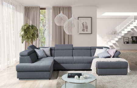 Lizbona lll, Coltar U pentrul living, extensibil cu functie somn, stanga, stofa gri inchis solar96, 341x(200/175)x(82-95), ext.274x130cm