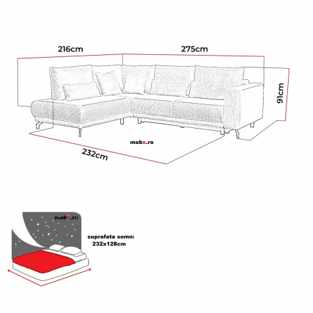 Coltar Living MODEST, extensibil cu functie somn, stanga, stofa gri Lincoln 86, 275x216x91, ext.232x128cm [12]