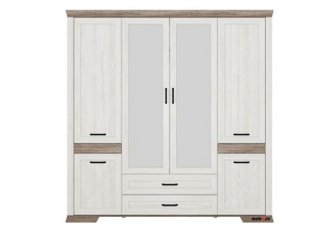 Dormitor MARSELLE Set-A, (dulap 6U2S 218 + pat 160 cu somiera rabatabila si container asternuturi + 2 noptiere 1S + comoda 4S + oglinda 98 cm), culoare alb frasin si stejar sonoma dark. [1]