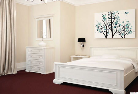 Dormitor WHITE Set-A, (dulap 3U1O 176 + pat 160 + 2 noptiere 1S + comoda 4S + oglinda 102 cm) culoare frasin alb + pin argintiu. [2]