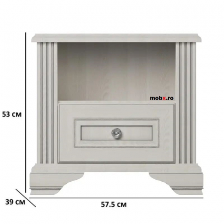 Dormitor WHITE Set-A, (dulap 3U1O 176 + pat 160 + 2 noptiere 1S + comoda 4S + oglinda 102 cm) culoare frasin alb + pin argintiu. [17]