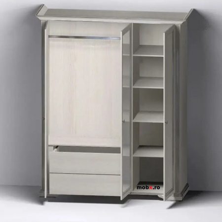 Dormitor WHITE Set-A, (dulap 3U1O 176 + pat 160 + 2 noptiere 1S + comoda 4S + oglinda 102 cm) culoare frasin alb + pin argintiu. [5]