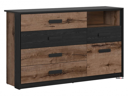 Colectia Dormitor KASSEL - KASSEL, Comoda KOM1D5S, 1 usa si 5 sertare, culoare stejar monastery si stejar negru, (Lxadxh): 150x41x90 cm.