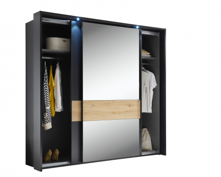 STARLIGHT, Dormitor Set-A (dulap 225 + pat 160 cu 2 sertare + 2 noptiere cu iluminare LED), culoare gri antracit cu insertii stejar artisan. [3]