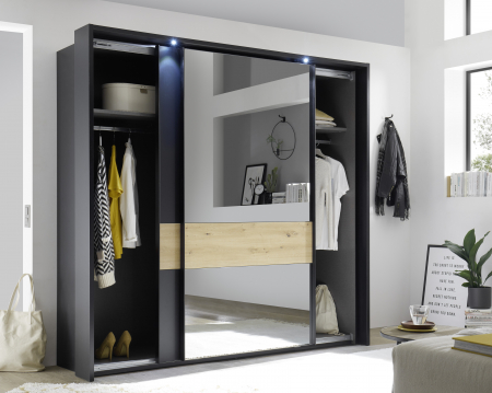 STARLIGHT, Dormitor Set-A (dulap 225 + pat 160 cu 2 sertare + 2 noptiere cu iluminare LED), culoare gri antracit cu insertii stejar artisan. [6]