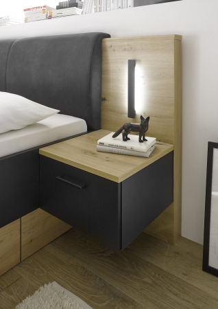STARLIGHT, Dormitor Set-B (dulap 225 + pat 160 cu 2 sertare + 2 noptiere cu iluminare LED + comoda 110 cu 4 sertare), culoare gri antracit cu insertii stejar artisan. [10]
