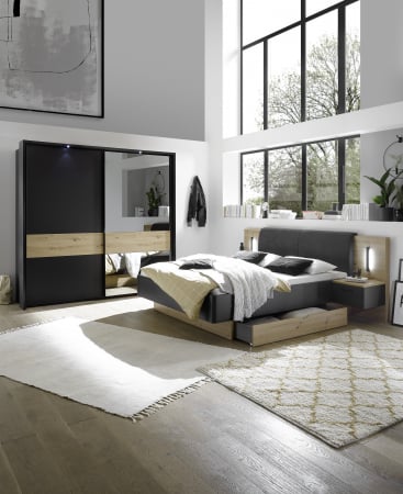 STARLIGHT, Unitate Pat 160 cu 2 sertare + 2 noptiere cu iluminare LED, culoare gri antracit cu insertii stejar artisan. [6]