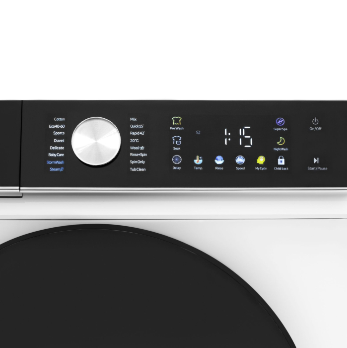 Masina de spalat rufe Daewoo, 9 kg, motor inverter, 1400 rpm, clasa A, 16 programe, butoane touch, panou de control negru cu pictograme colorate, usa dubla neagra (PC Cover), culoare Alb [5]