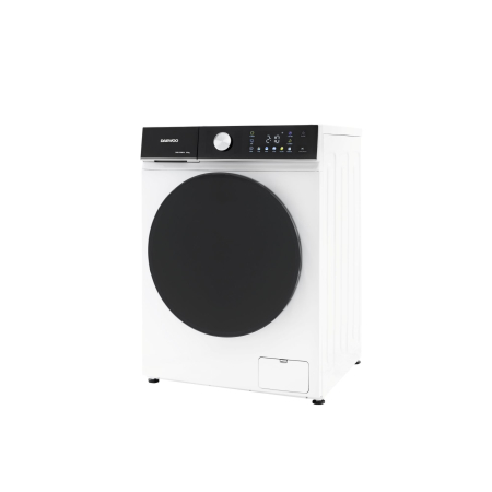 ELECTROCASNICE - Masina de spalat rufe Daewoo, 9 kg, motor inverter, 1400 rpm, clasa A, 16 programe, butoane touch, panou de control negru cu pictograme colorate, usa dubla neagra (PC Cover), culoare Alb