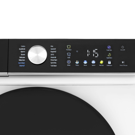 Masina de spalat rufe Daewoo, 9 kg, motor inverter, 1400 rpm, clasa A, 16 programe, butoane touch, panou de control negru cu pictograme colorate, usa dubla neagra (PC Cover), culoare Alb [4]