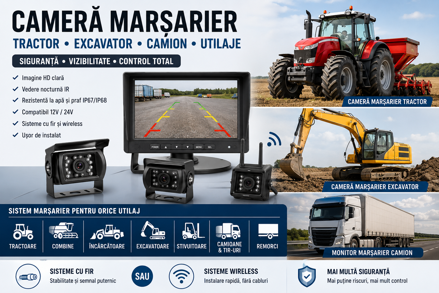 Cameră Marșarier Tractor, Excavator, Camion și Utilaje – Ghid Complet pentru Alegerea Sistemului Potrivit în 2026