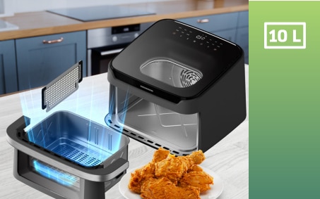 Friteuza cu aer cald Heinner AirBake Revolution, 2200W, capacitate 10l, tehnologie circulare rapida a aerului, cavitate metalica, 2 ferestre supraveghere si lumina interna automata, 80-200 grade C, timer 60 minute, 12 programe, dubla compartimentare, gri 