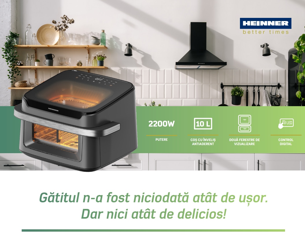 Friteuza cu aer cald Heinner AirBake Revolution, 2200W, capacitate 10l, tehnologie circulare rapida a aerului, cavitate metalica, 2 ferestre supraveghere si lumina interna automata, 80-200 grade C, timer 60 minute, 12 programe, dubla compartimentare, gri 