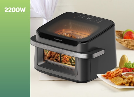 Friteuza cu aer cald Heinner AirBake Revolution, 2200W, capacitate 10l, tehnologie circulare rapida a aerului, cavitate metalica, 2 ferestre supraveghere si lumina interna automata, 80-200 grade C, timer 60 minute, 12 programe, dubla compartimentare, gri 