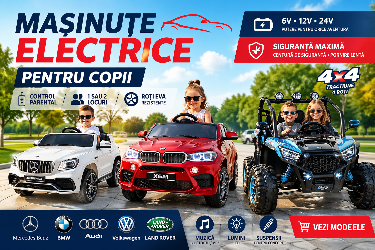 mașinuțe electrice pentru copii 12V și 24V cu telecomandă, ATV-uri și modele 4x4