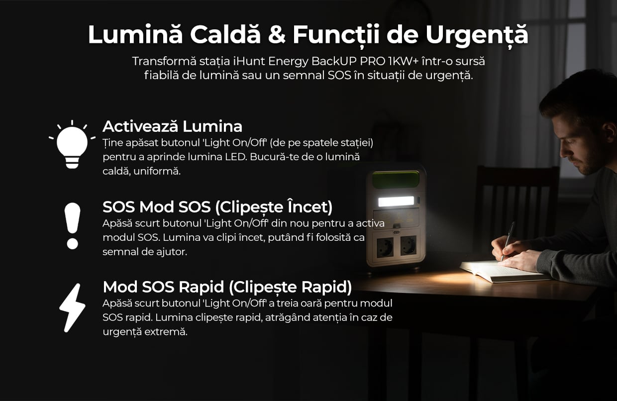 Reîncărcare Inteligentă și Autonomie Nelimitată  Reîncarcă stația iHunt de la priză AC (input 1000W Max), de la priza mașinii sau prin panouri solare. Portul solar XT60 (MPPT) suportă până la 200W Max (11.5–50V), oferind reîncărcare rapidă și autonomie nelimitată cu panouri solare.