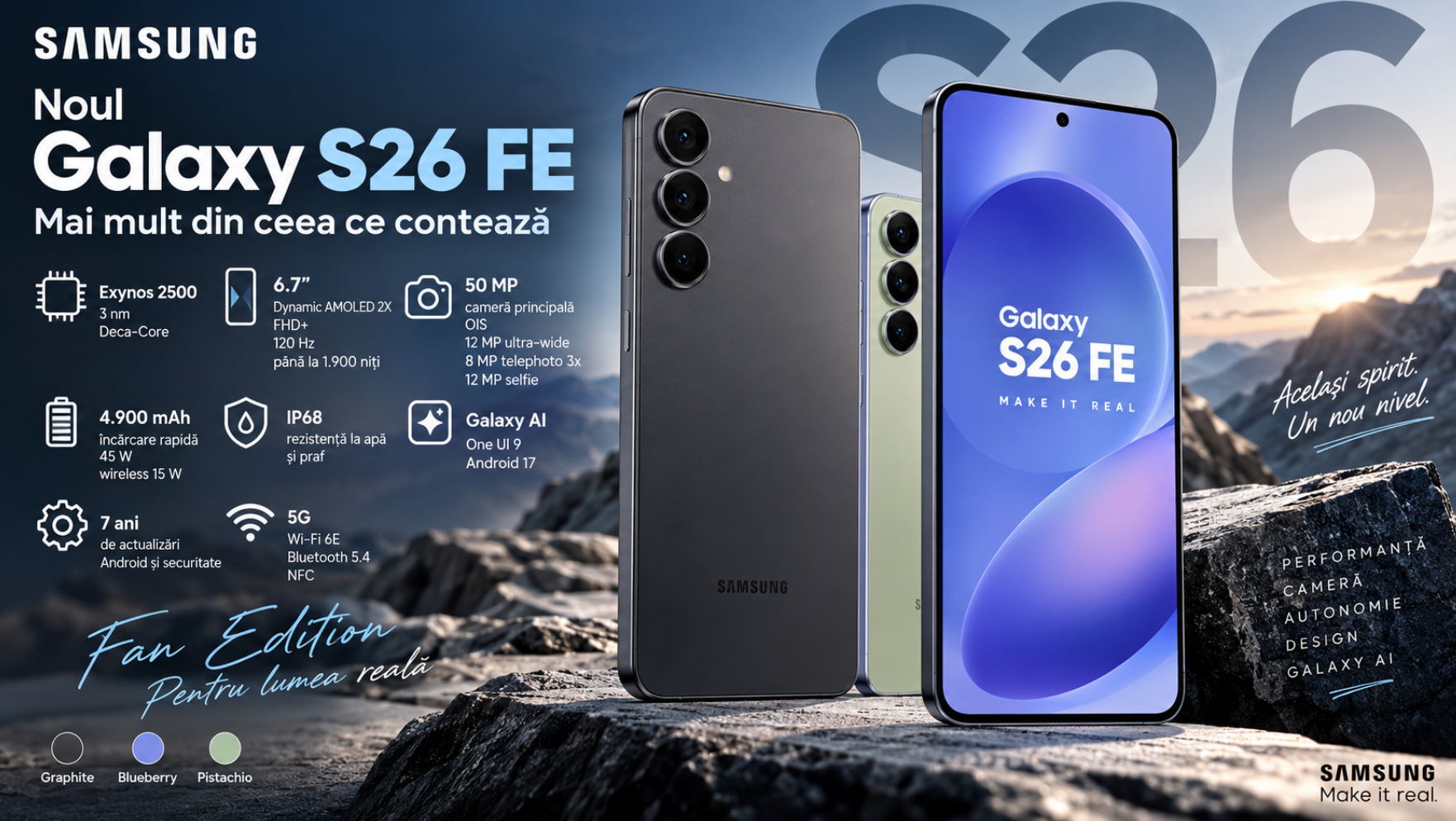 Samsung Galaxy S26 FE a fost lansat – Exynos 2500, ecran AMOLED 120 Hz, Galaxy AI și baterie de 4.900 mAh