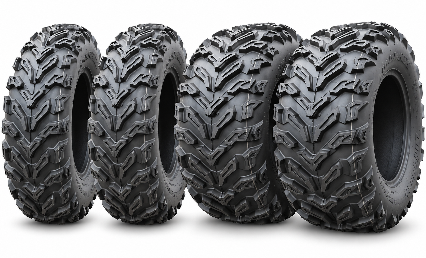 set anvelope fata si spate, 25x8r12 si 25x10r12 