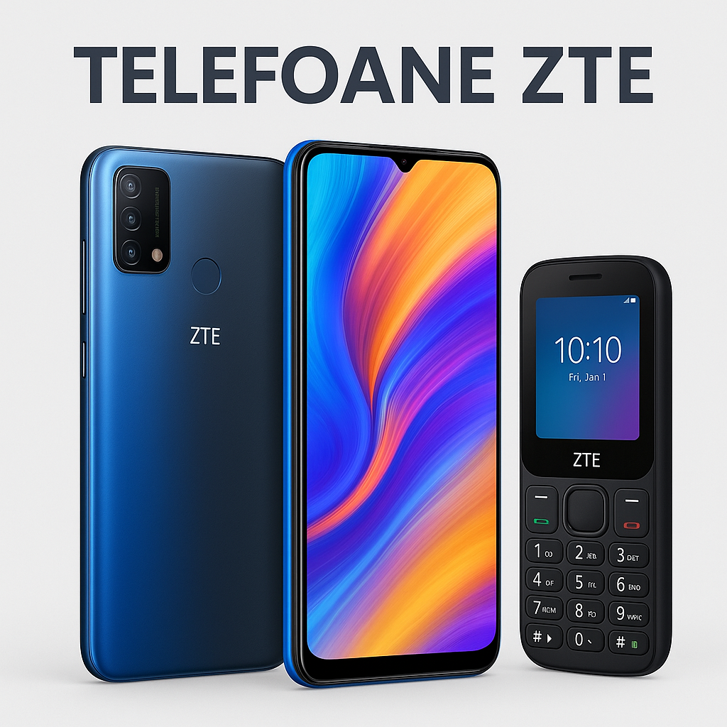 Telefoane ZTE – smartphone-uri accesibile și telefoane cu butoane, prezentate în imagine pentru categoria telefoane ZTE de pe moka-gsm.ro