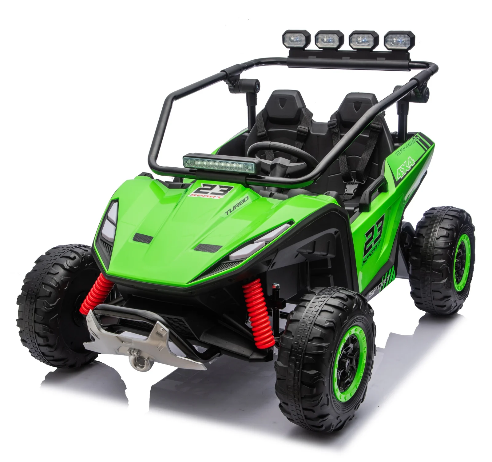  Utv Galaxy Buggy copii, 2 locuri, 300W, 24V, premium, verde, ATV copii, masina copii   Specificatii UTV electric Galaxy Buggy cu echipare PREMIUM Bancheta dubla tapitat cu piele ecologica,confortabila pentru 2 copii Centura de siguranta in 3 prinderi, pentru fiecare pasager Roti moi din cauciuc EVA, silentioase si confortabile Indicator nivel baterie  Echipata cu baterie plumb acid reincarcabila 24V- 10Ah Include  INCARCATOR 24V 1000mAh 2 Motoare electrice de putere 150W  fiecare, la tensiune 24V, total 300W 24V Cadru solid din OTEL Sistem de amortizare Pedala de acceleratie  Comutator  pentru schimbat directia de mers inainte/inapoi  Compartiment depozitare Pornire LENTA pentru confortul copilului  Oprire LENTA pentru confortul copilului  Efecte sonore la pornire  Flash player Mp3 cu diferite functii si conexiuni Mp3 (Bluetooth, Port USB) Comutator pentru activat/dezactivat sistem de iluminat cu LED  Proiectoare achtionate din buton, necesita baterii  Buton pentru pornire/oprire sistem alimentare 12V Control parental de la distanta, prin telecomanda  Masina mai poate fi ghidata manual de catre utilizator Volan echipat cu butoane pentru activare efecte sonore  Greutate proprie 27 kg  Greutate total admisa 77 kg  Produs recomanda pentru copil 36 - 86  luni Dimensiunile produsului montat 125 x 85 x 82 cm