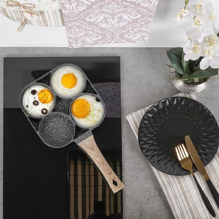 Tigaie pentru oua, 4 zone, maner de lemn, Aluminiu, Gri [4]