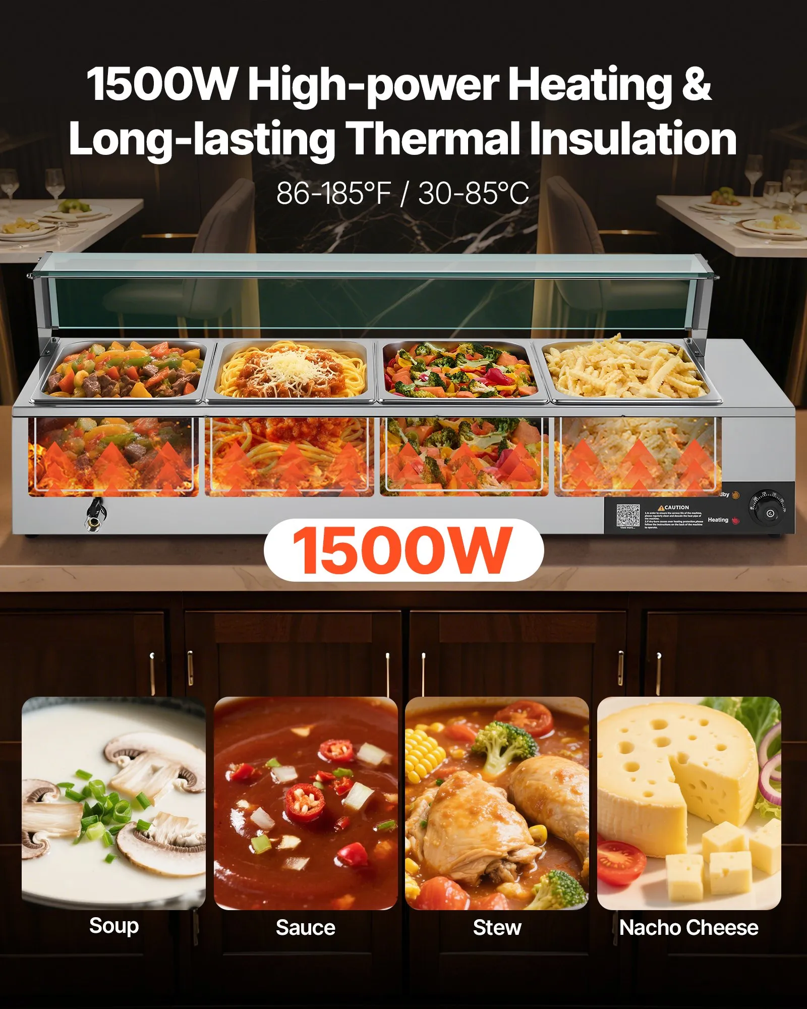 Bain Marie Profesional 1500W cu 4 Cuve GN 1/2 și Protecție din Sticlă pentru Restaurante și Catering [5]