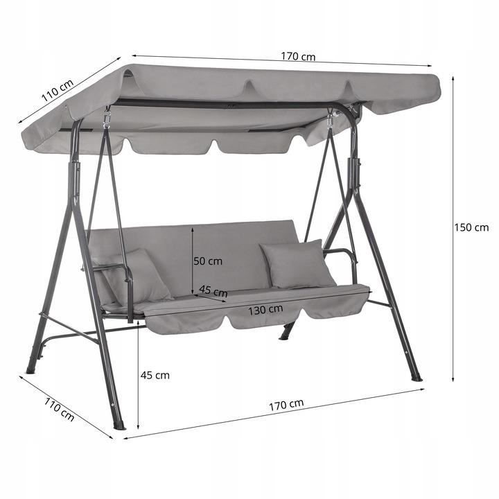 Balansoar gradina, 3 locuri, gri deschis, 170x110x150 cm, Luna [2]