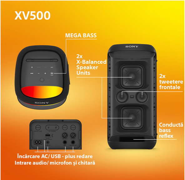 Boxa Sistem audio portabil Sony SRS-XV500, MEGA BASS, Bluetooth, LDAC, Wireless, IPX4, Party Connect, Karaoke, Iluminare LED, 25 ore autonomie, Negru [2]