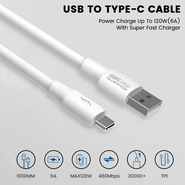 Cablu date Usb A la Type C 6A 120W 1m Quick Charge QC3.0 White Powerline SMS-BA02 [3]