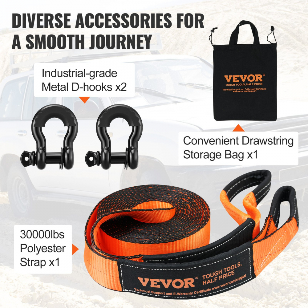 Kit de recuperare pentru off-road, 3" x 30", Kit de recuperare pentru troliu rezistent cu o curea de remorcare din poliester cu o capacitate de 30.000 lbs, 44.092 lbs cartușe cu inel în D, sac d [2]