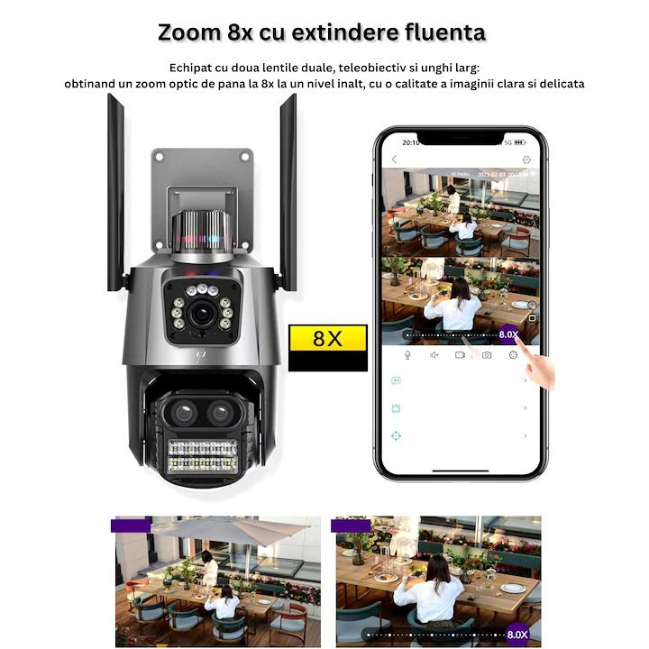 Camera de supraveghere dubla WIFI, 8MP, exterior/interior, Ultra HD, 5X zoom, rotire,alarma, senzor miscare [2]