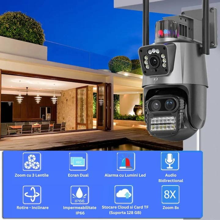 Camera de supraveghere dubla WIFI, 8MP, exterior/interior, Ultra HD, 5X zoom, rotire,alarma, senzor miscare [4]