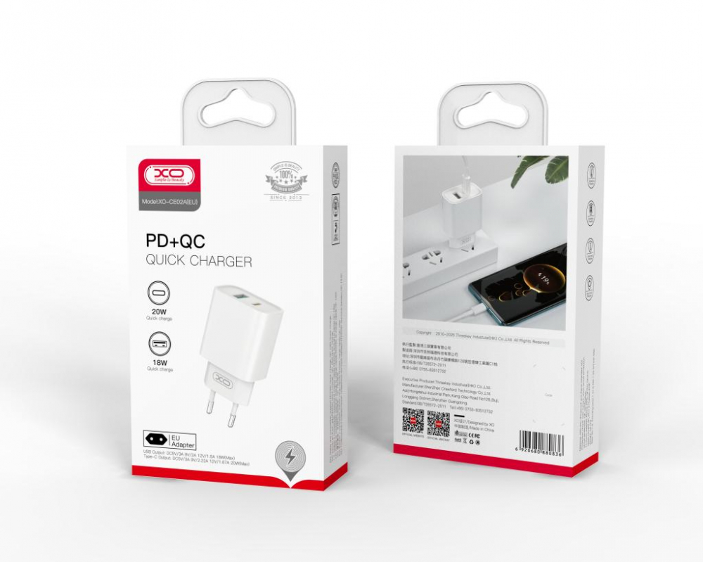 Incarcator retea  PD 20W QC 3.0 18W 1x USB 1x USB-C white, XO CE02A [1]