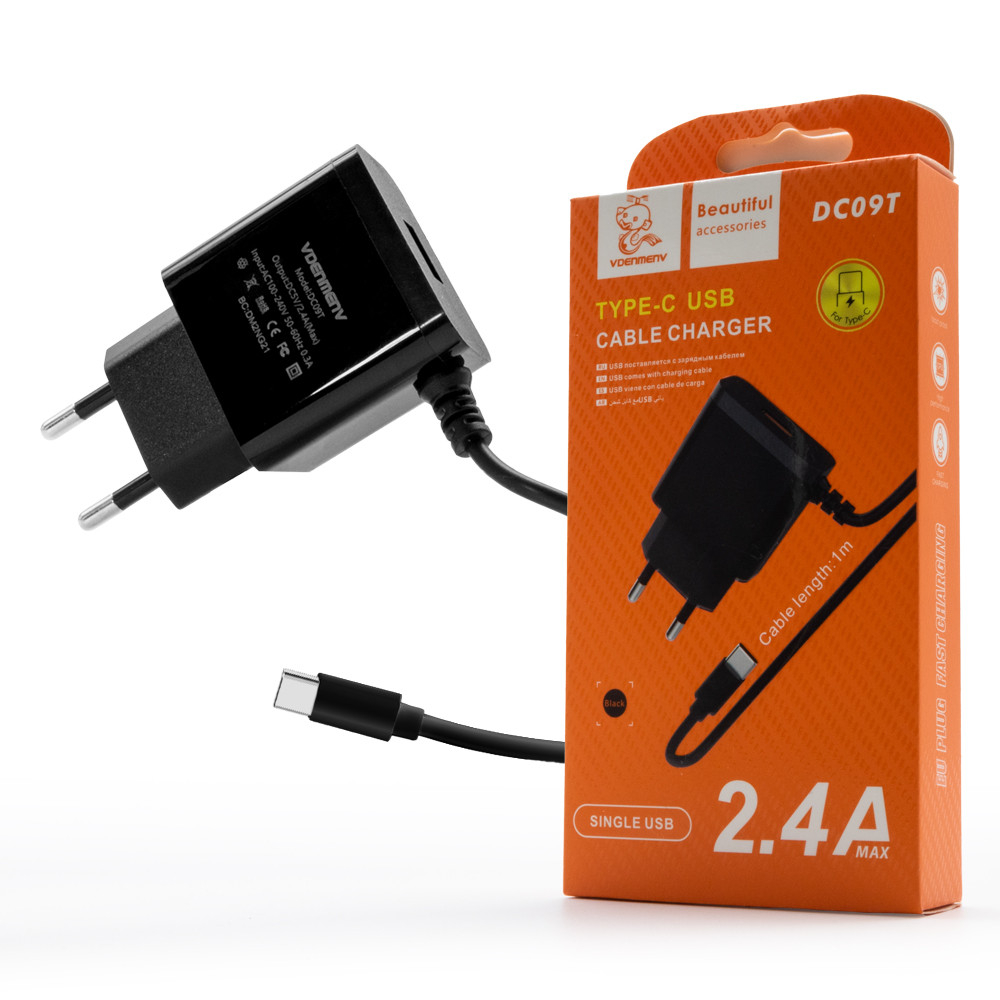 Încărcător Denmen 12W 2.4A cu cablu USB la USB Type-C 1m Negru pentru Samsung Xiaomi Huawei [1]