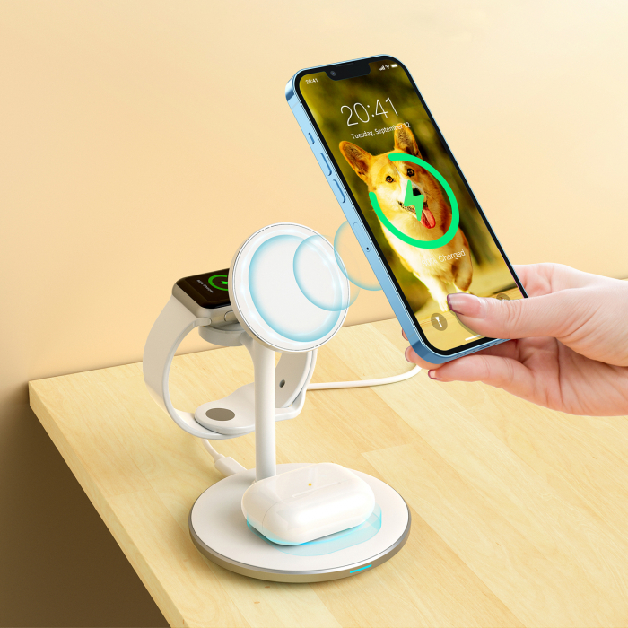 Incarcator Wireless iPhone MagSafe Statie incarcare , Choetech Induction Charger Stand for iPhone, Apple Watch, AirPods ALB [9]
