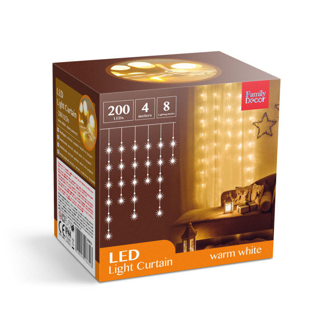 Perdea luminoasă - 200 LEDuri - alb cald - IP44 - 4,2 m - 8 programe, instalatie brad [4]