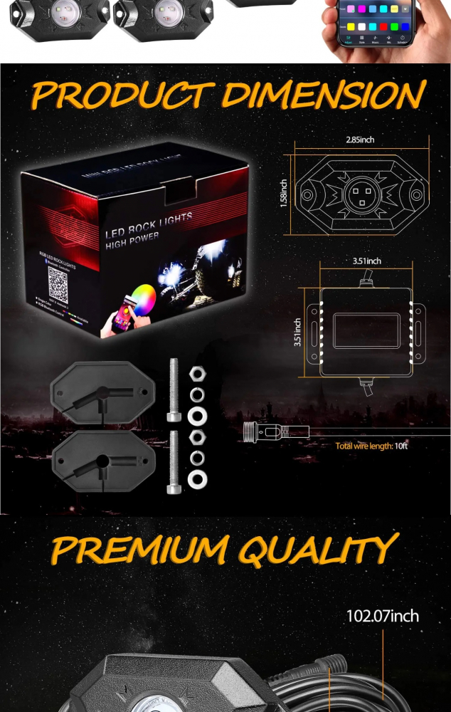 Kit lumini sub masina, Rock Lights, 8 module, cu aplicatie telefon si telecomanda , Maverick, Rzr, Can am, Polaris, Cf Moto, Segway - Copie [1]