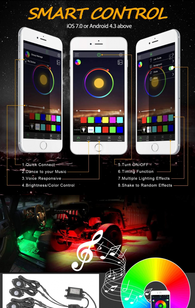 Kit lumini sub masina, Rock Lights, 8 module, cu aplicatie telefon si telecomanda , Maverick, Rzr, Can am, Polaris, Cf Moto, Segway - Copie [2]