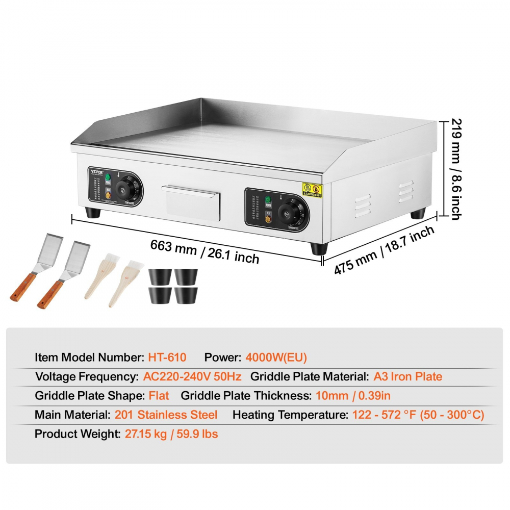 Grătar electric comercial 4000 W grătar plat, 50°C 300°C, 66cm, otel inoxidabil 201, Horeca [3]