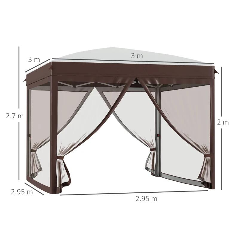 Pavilion/foisor pentru gradina/terasa, cadru metalic, cu plasa pentru insecte, inaltime ajustabila, maro, 3x3x2.7 m [3]