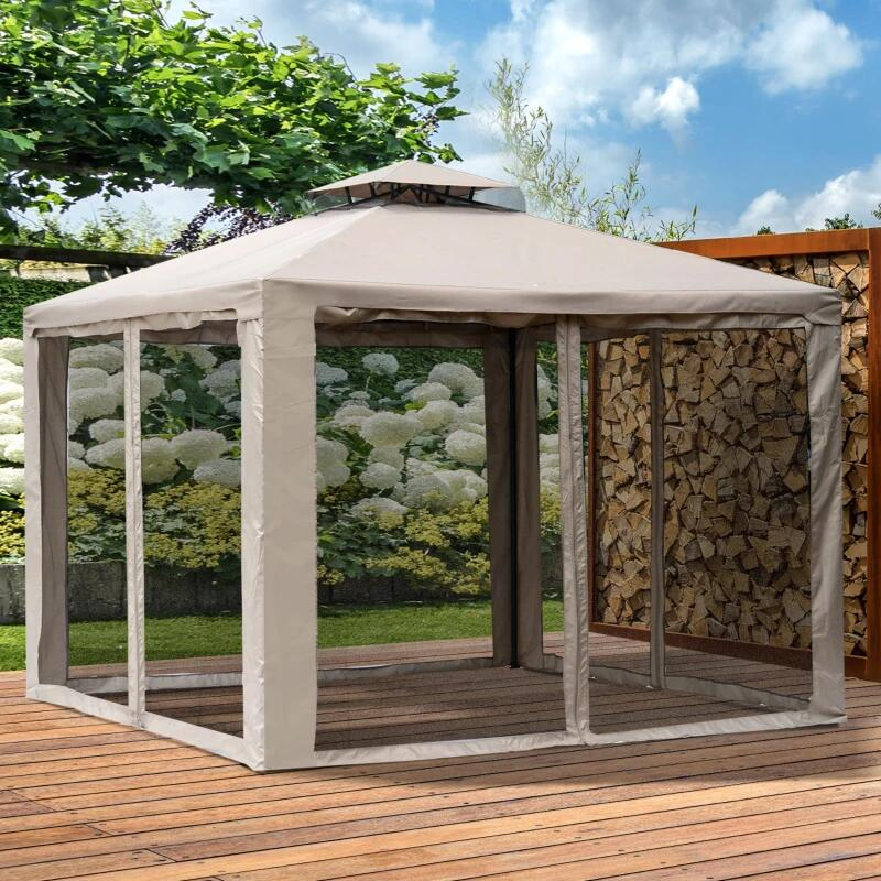 Pavilion/foisor pentru gradina/terasa, cadru metalic, cu perdele, cafeniu, 2.94x2.94x2.65 m, cu Plasa tantari insecte [8]