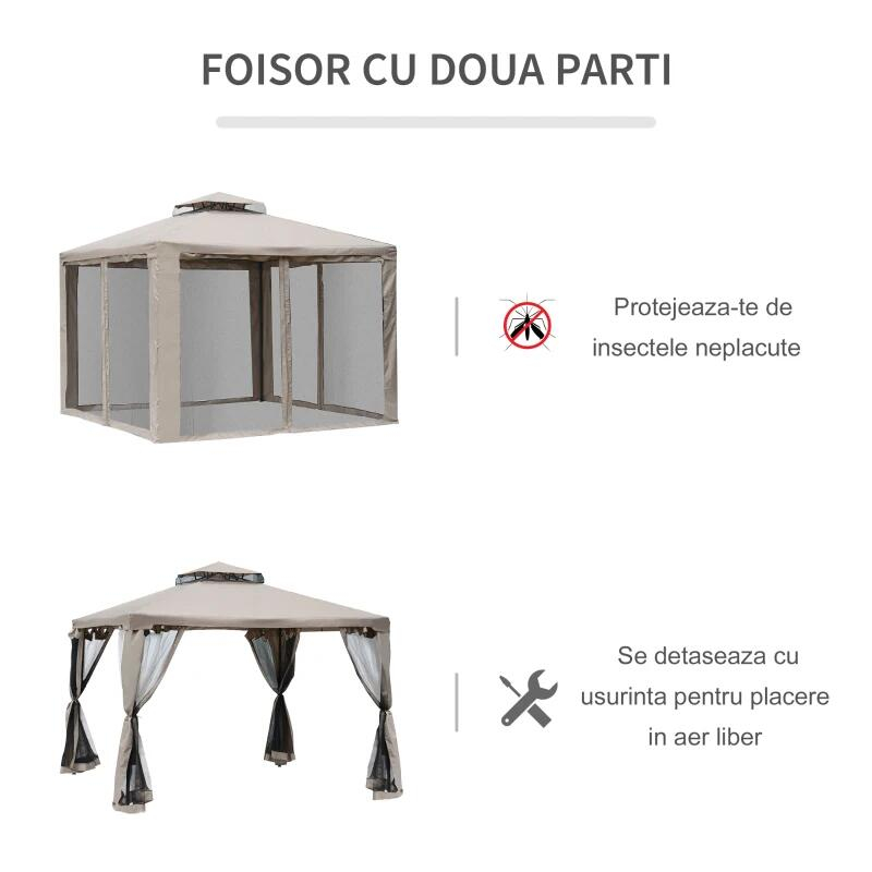 Pavilion/foisor pentru gradina/terasa, cadru metalic, cu perdele, cafeniu, 2.94x2.94x2.65 m, cu Plasa tantari insecte [2]