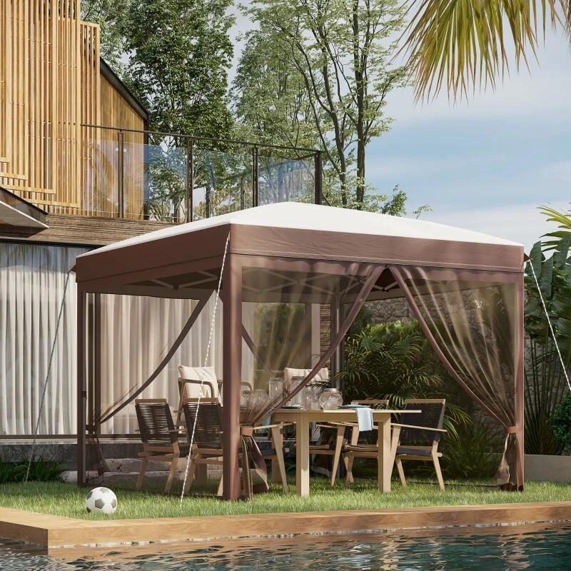Pavilion/foisor pentru gradina/terasa, cadru metalic, cu plasa pentru insecte, inaltime ajustabila, maro, 3x3x2.7 m [2]